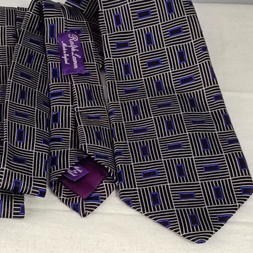 ❤️RALPH LAUREN Purple Label Navy Black Square Geometric Necktie Tie England